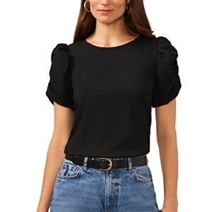 79$ Vince Camuto Crewneck Gathered Puff Sleeve Blouse Top Size S Rich Black